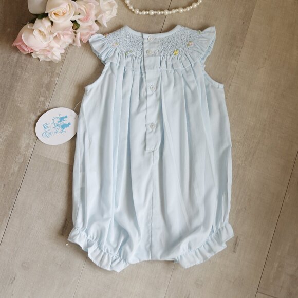 Blue Smocked Embroidered Romper Flutter Sleeve Luli & Me Boutique NWT - Picture 4 of 5